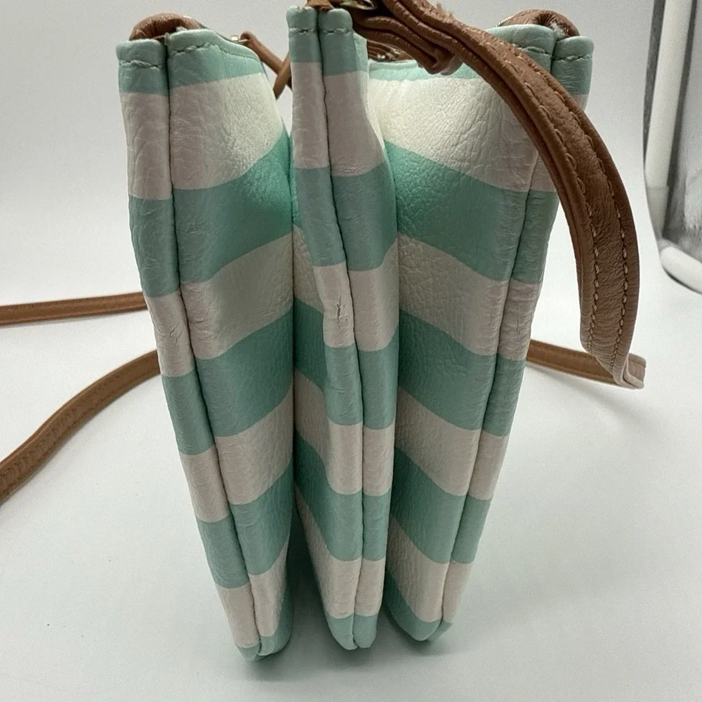 Unbranded Accordion Striped Crossbody Bag Mint Green White Brown Faux Leather